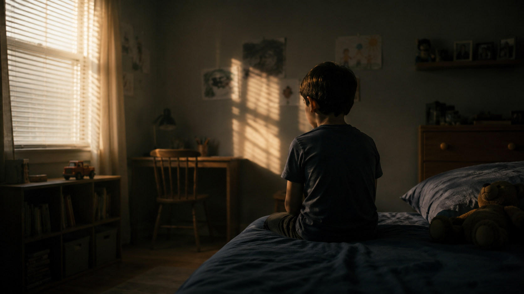 A quiet childhood bedroom with soft afternoon light coming through a window while a young boy sits alone on the floor beside scattered toys, symbolizing emotional neglect, loneliness, and the fragile innocence of childhood memories.