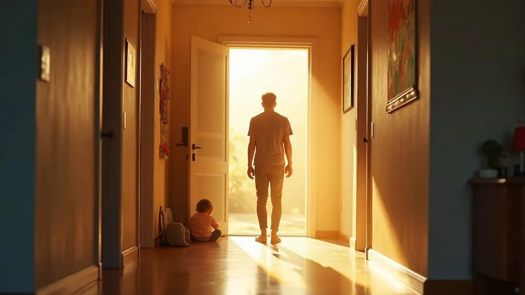 A father standing near an open doorway with soft light ahead, representing the choice to break old family patterns and parent differently.