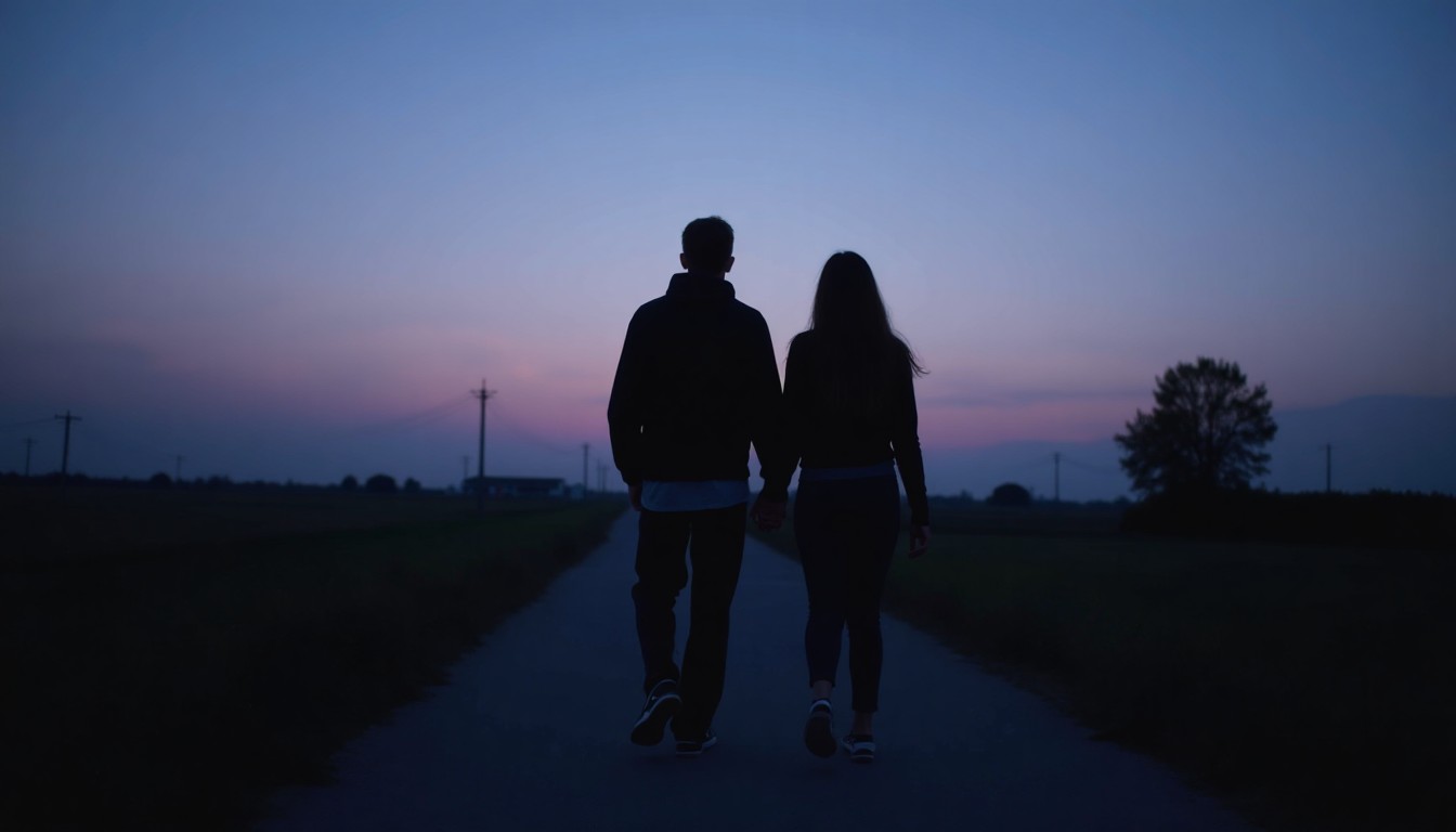 Two people walking side by side at dusk with quiet space between them, representing friendship, patience, and trust growing slowly without rushing a relationship label.