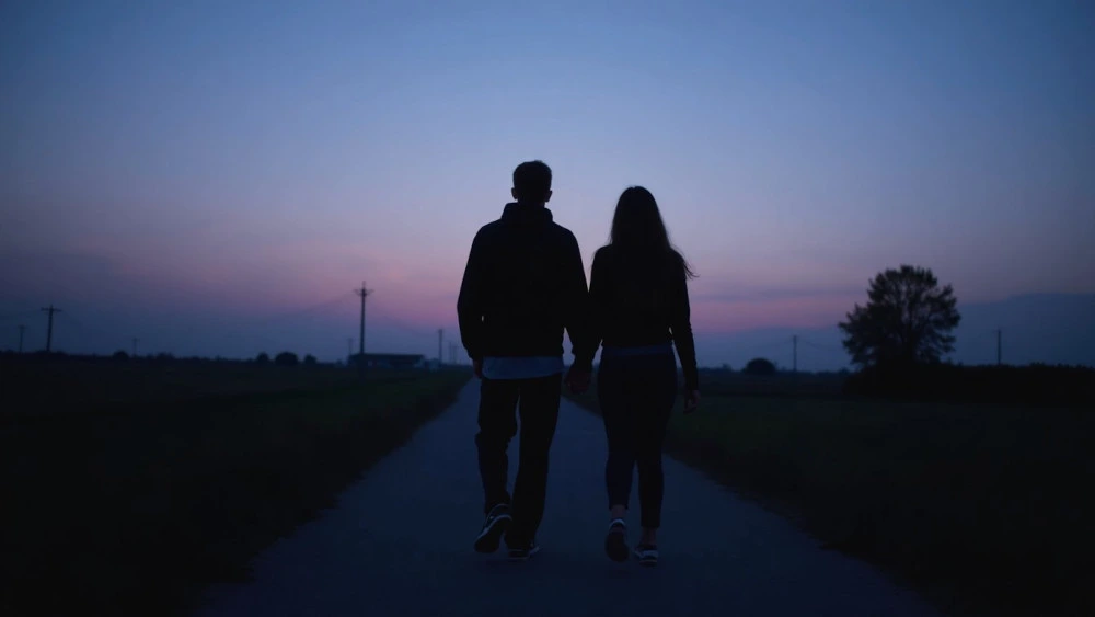 Two people walking side by side at dusk with quiet space between them, representing friendship, patience, and trust growing slowly without rushing a relationship label.