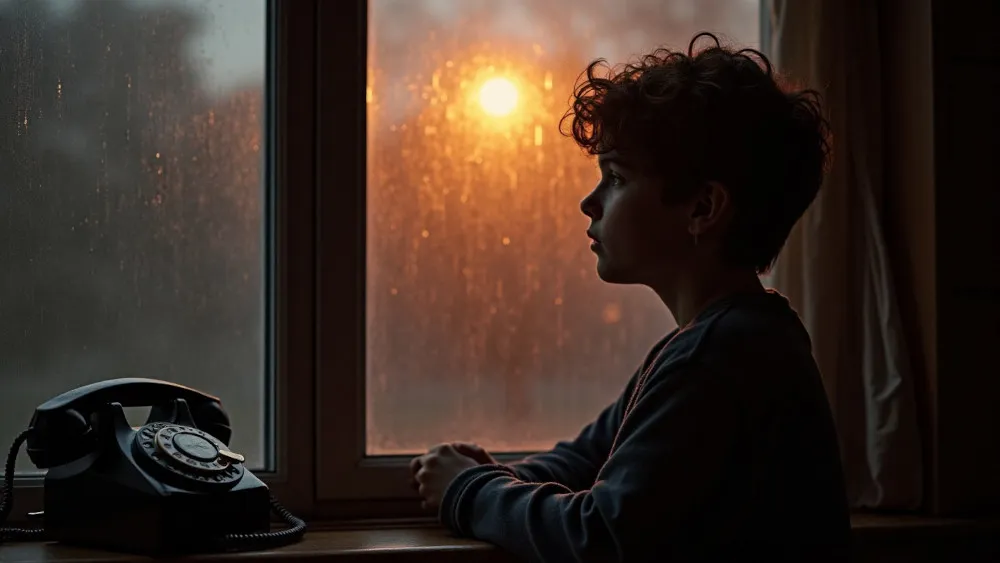 A young person sitting alone near a dim window with an old phone nearby, representing childhood abandonment, longing, and learning not to reach out for emotional support.