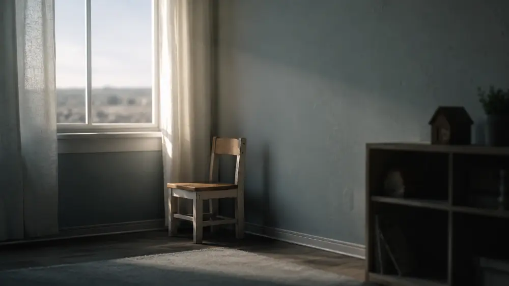 An empty chair sits near a softly lit window in a quiet room, symbolizing childhood emotional neglect, loneliness, and survival.