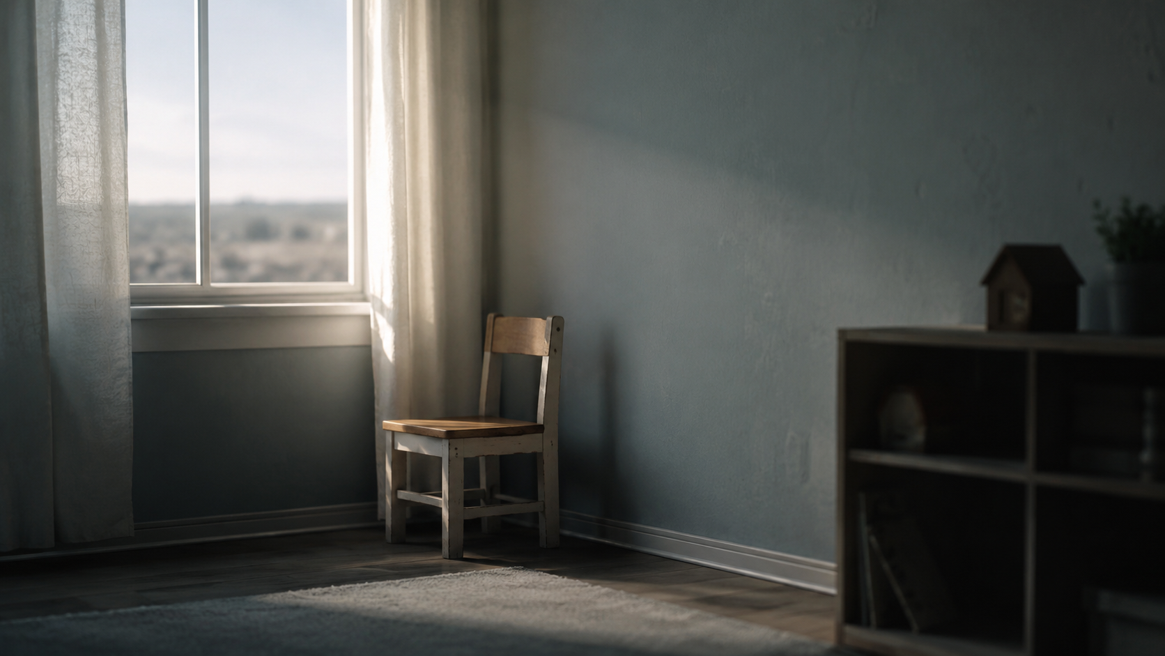 An empty chair sits near a softly lit window in a quiet room, symbolizing childhood emotional neglect, loneliness, and survival.