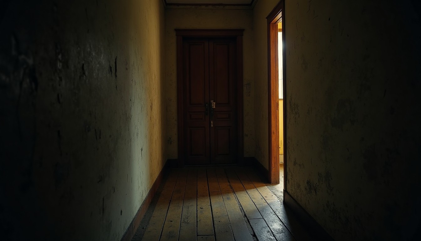 A dim hallway with a closed door slightly lit from the other side, representing the fear and uncertainty of a child waiting for what might happen next.