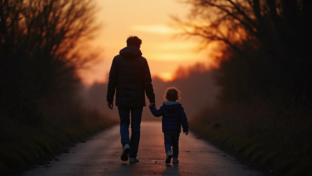 A parent and child shown from behind in soft evening light, representing how childhood survival and parenthood can reshape the way someone understands love.
