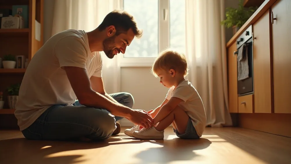 A child quietly watching their father during an ordinary home moment, representing the habits, reactions, and quiet lessons children learn by example.