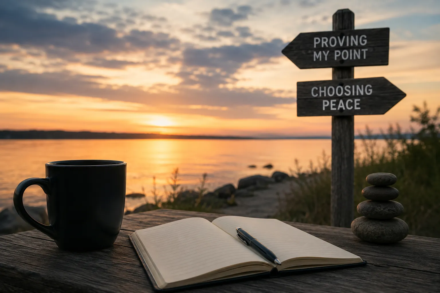 A lakeside table with an open journal, coffee mug, and signpost pointing toward “Proving My Point” and “Choosing Peace,” representing letting go of the need to win an argument.