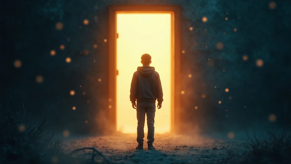 A person standing at a quiet distance from a warmly lit doorway, representing the fear of closeness and the belief that distance can feel safer than love.