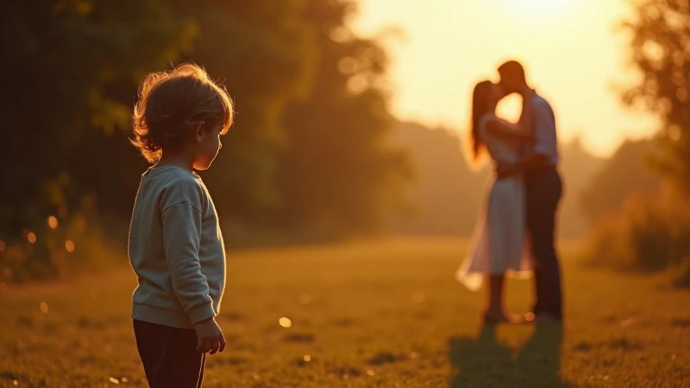 A child standing slightly apart while warmth and affection are shared nearby, representing the feeling of seeing love clearly while believing it is not freely given to you.