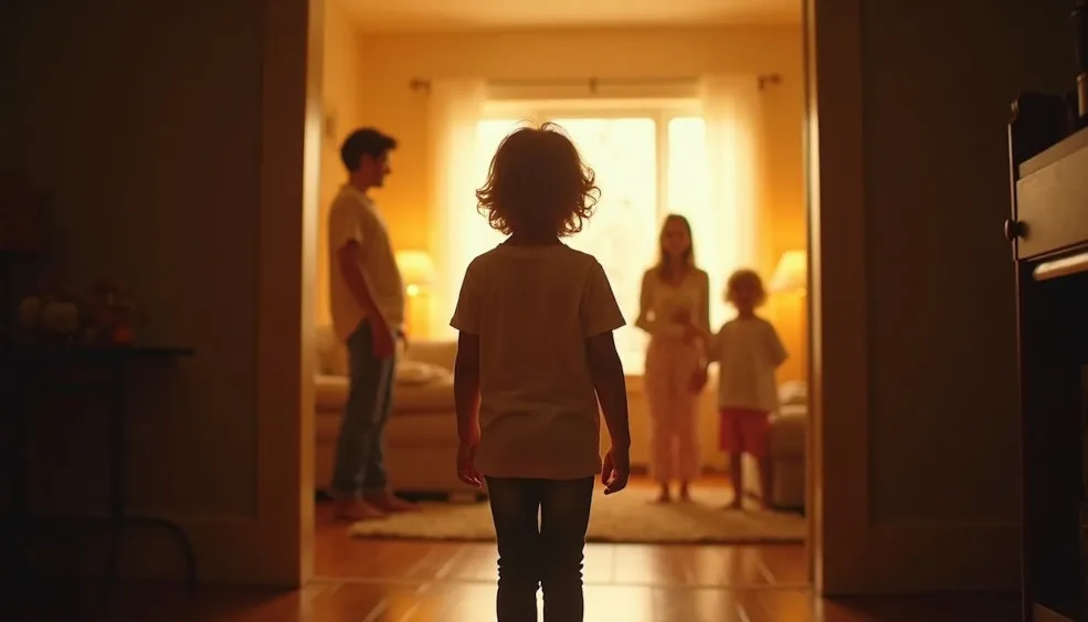 A lone young person standing near the edge of a warmly lit family room, representing conditional love in childhood and the feeling of watching affection be given elsewhere.