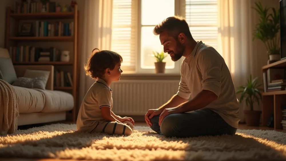 A father speaking calmly with his child at eye level in a warm home setting, representing discipline guided by trust, care, and connection.