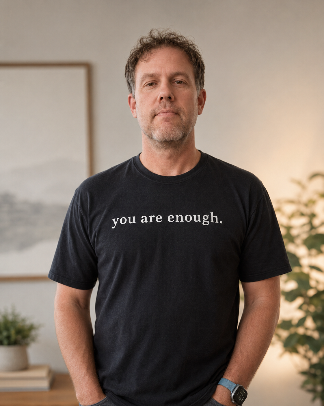 Donald Faulknor, author of Our Unfinished Story, wearing a shirt that says you are enough.