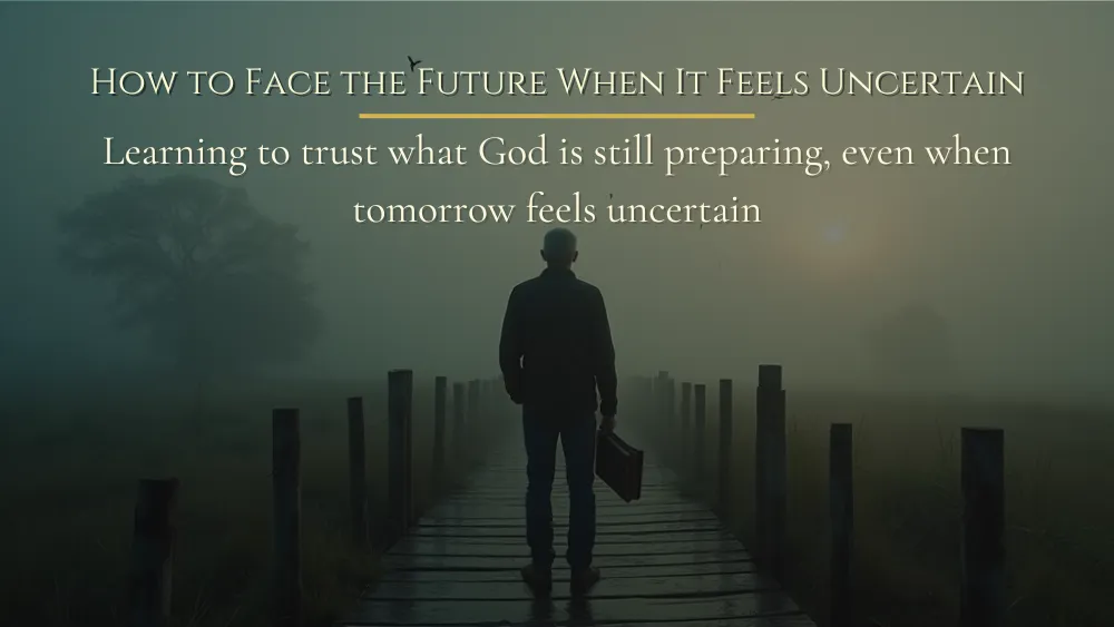 A man stands at the beginning of a wooden path in the early morning fog, holding a journal and looking toward the light ahead.