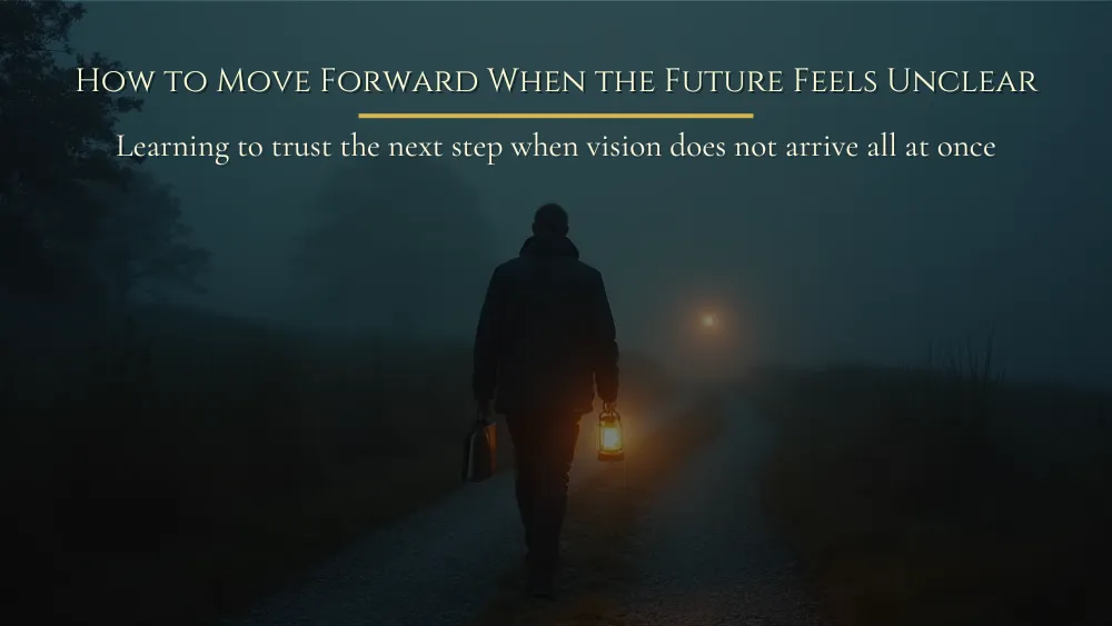 A man walks along a foggy gravel path with a small light showing only the next few steps ahead.