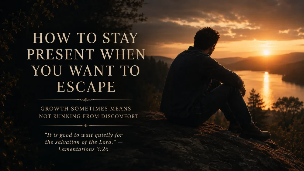 A man sits quietly on a rocky overlook at sunset, reflecting on stillness, discomfort, and learning to stay present instead of escaping.