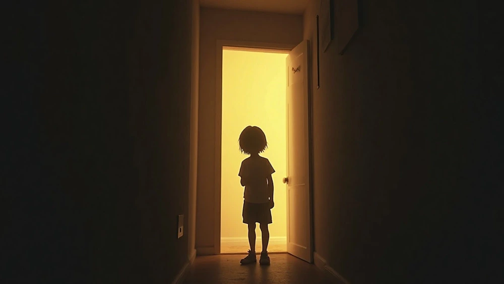 A young person standing quietly in a dim hallway while warm light glows from another room, representing how inconsistent love in childhood can shape trust and relationships later in life.