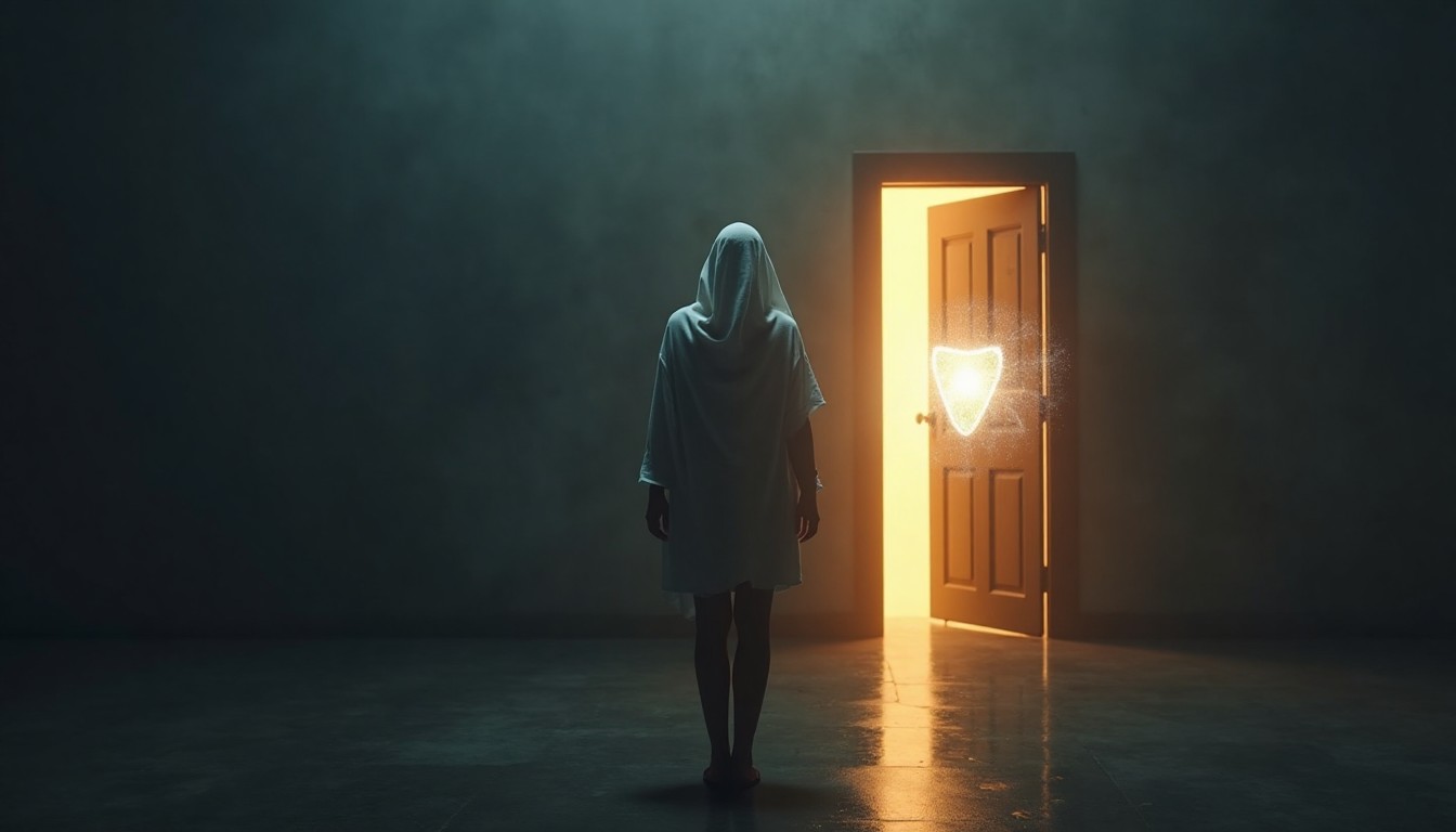 A lone person standing in soft shadow near a dim doorway, representing the moment someone learns to stop overgiving in a relationship and protect their sense of self.