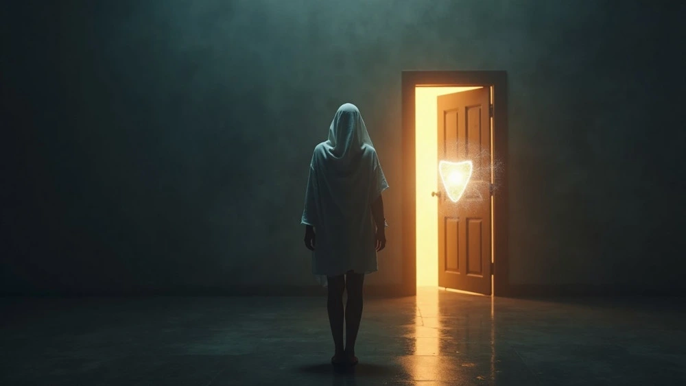 A lone person standing in soft shadow near a dim doorway, representing the moment someone learns to stop overgiving in a relationship and protect their sense of self.