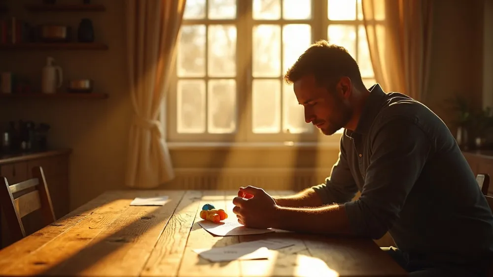 A father sitting quietly in a warm evening home with a child’s toy or homework nearby, representing patience, restraint, and the quiet inner work of fatherhood.