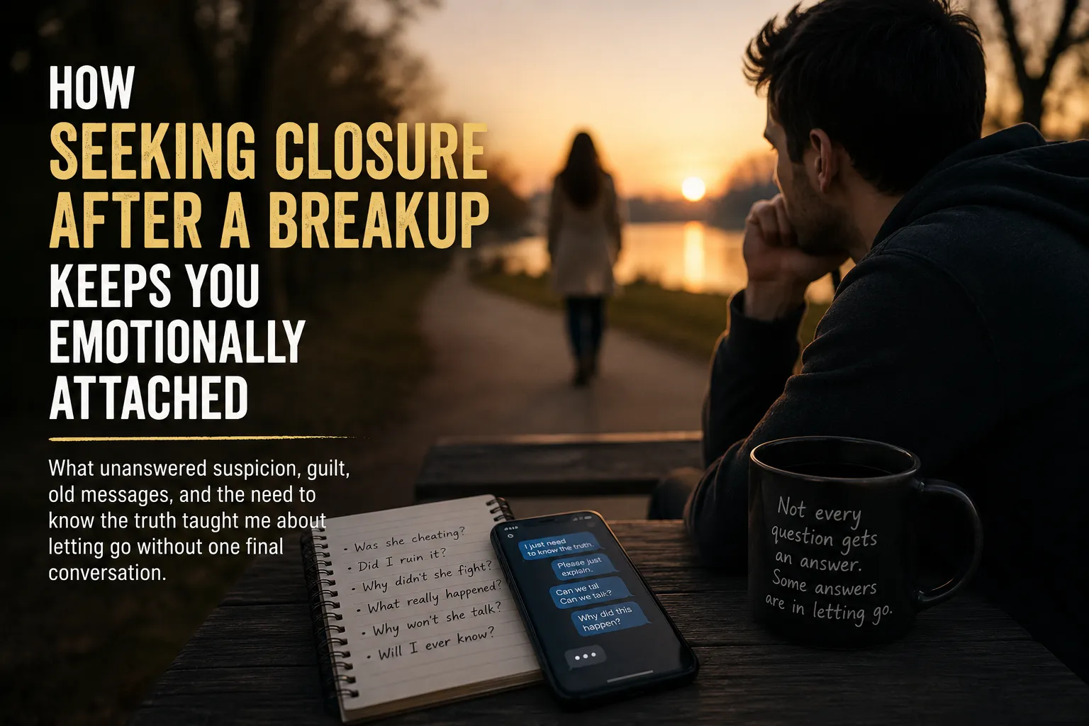 A reflective man sits beside a phone and notebook while a woman walks away at sunset, representing unanswered questions and emotional attachment after a breakup.