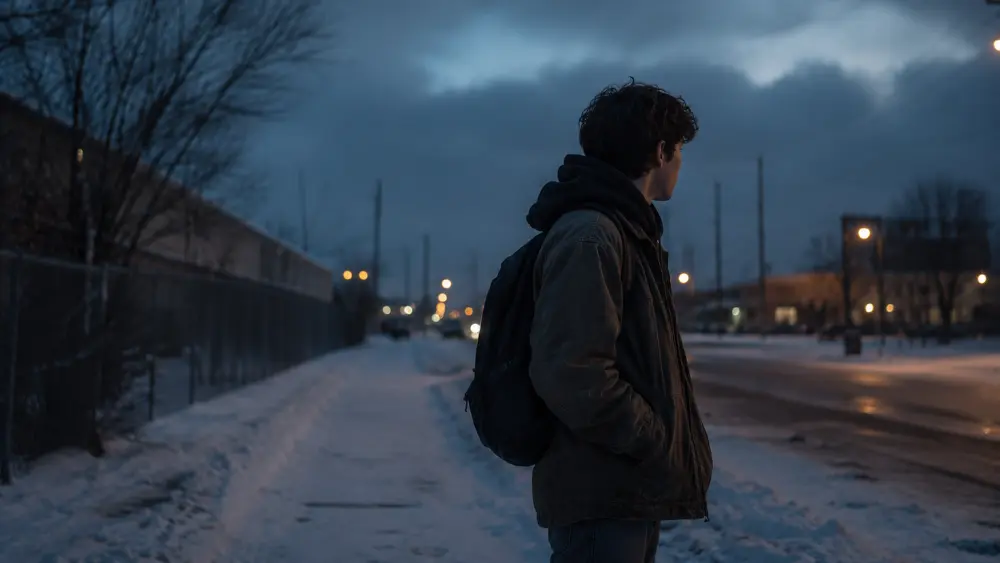 A young person standing alone near a quiet winter street at night, representing homelessness at 17, survival, loneliness, and the search for safety.