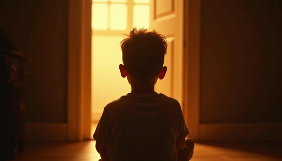 A young person sitting quietly in a dim room near a doorway, representing how childhood emotional neglect can teach silence, strength, and usefulness as survival strategies.