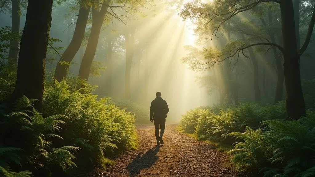A person walks along a quiet path in soft morning light, symbolizing steady progress, patience, and consistency without pressure.