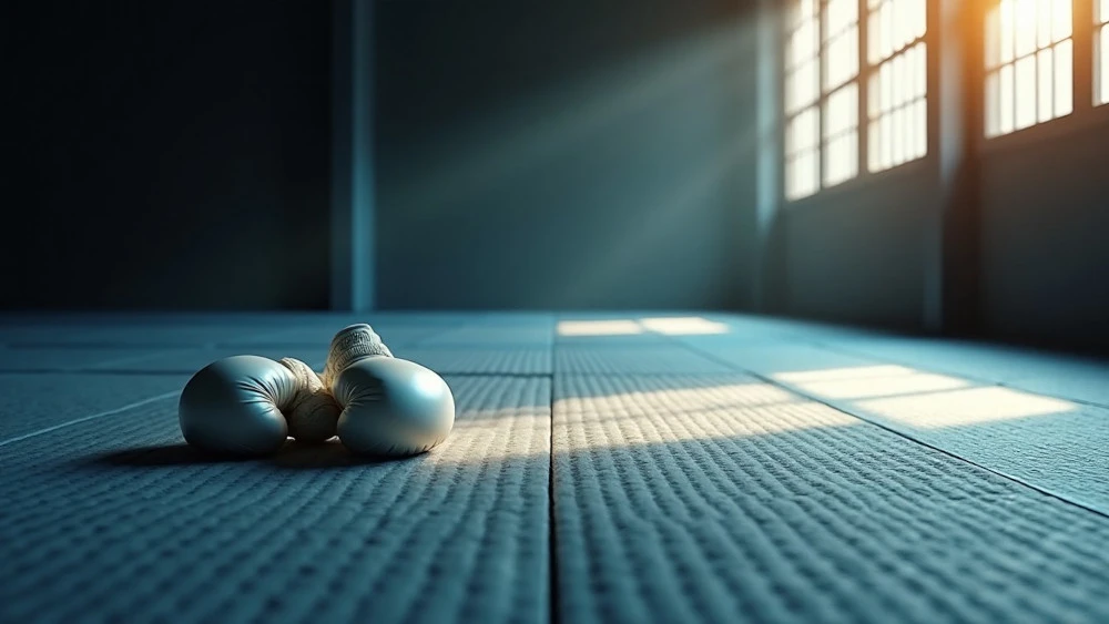 An empty martial arts training mat with soft light and a folded belt, symbolizing predictable pain, survival, and learning safety after trauma.