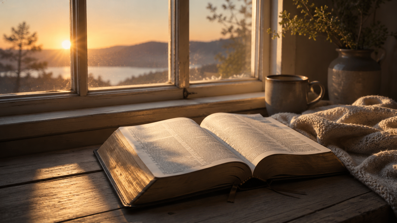 A quiet morning scene with an open Bible near a softly lit window, symbolizing prayer, spiritual silence, and trusting God when He feels quiet but still close.