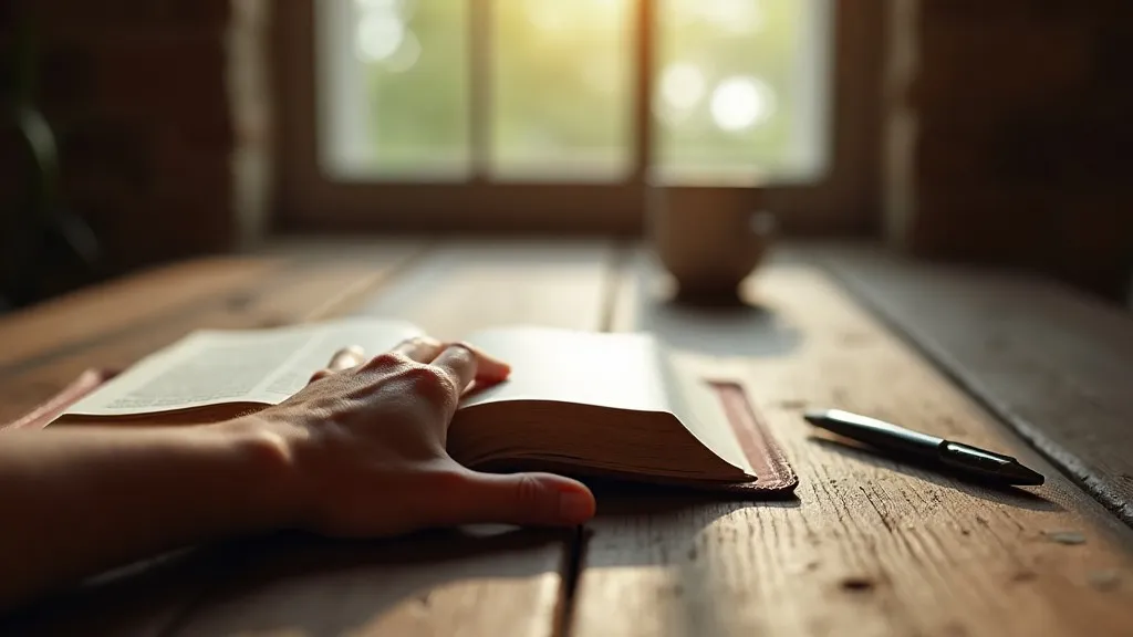 An open hand resting near a Bible in soft light, representing surrender, trust, and releasing control to God.