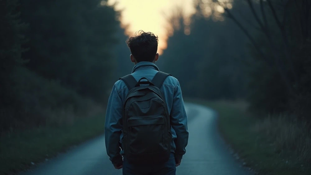 An adult walking alone on a dim path while carrying a worn bag, representing childhood trauma, survival patterns, and the emotional weight carried into adulthood.