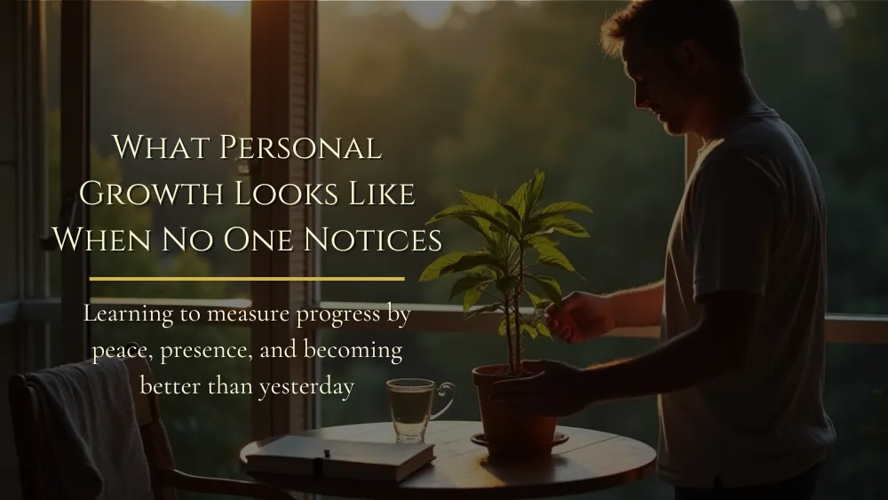 A man quietly waters a small potted plant on a balcony in the early morning, with a coffee mug and notebook nearby.