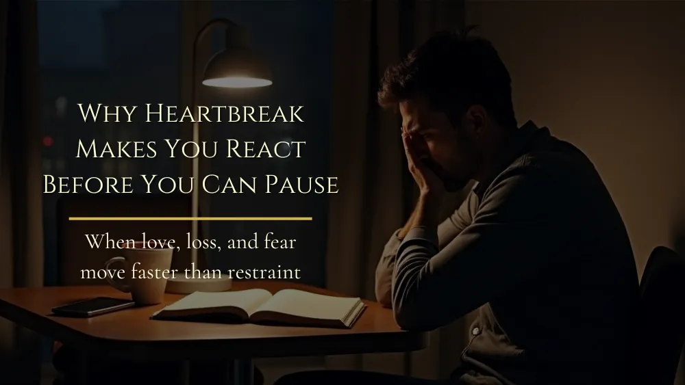 A man sits alone at a dimly lit table at night with a phone, journal, and mug nearby, looking down in a quiet moment of heartbreak.